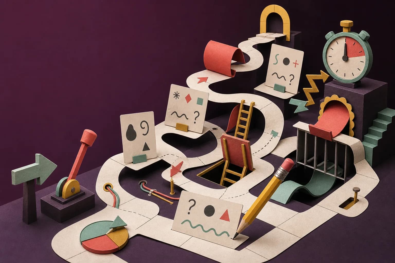 Original surreal quiz illustration with question cards and playful logic paths